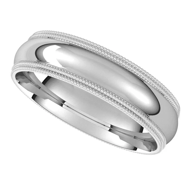 10K White Gold 5 mm double milgrain half round comfort fit Wedding Band