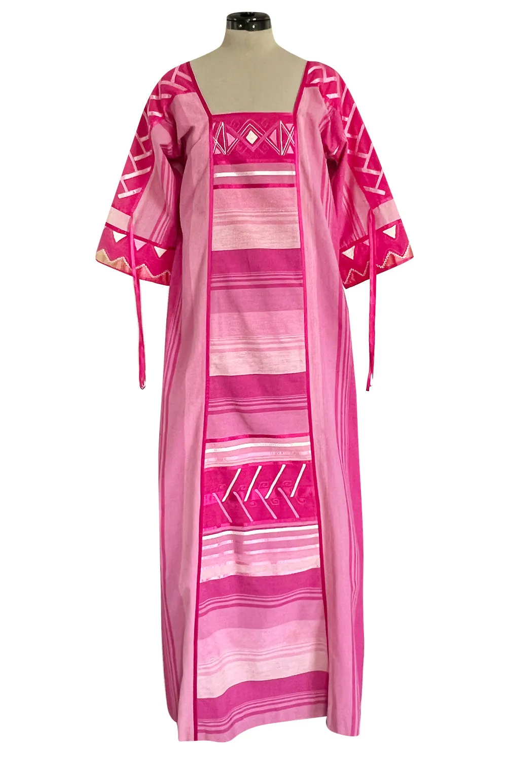 1960s Josefa Hand Made Mexico Pink Caftan Dress w Embroidery & Ribbon Details