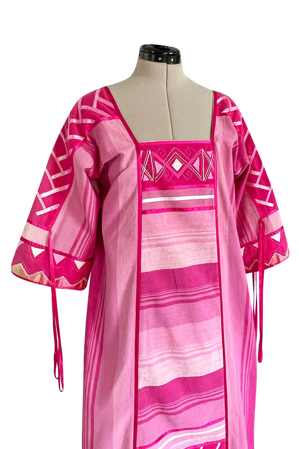 1960s Josefa Hand Made Mexico Pink Caftan Dress w Embroidery & Ribbon Details