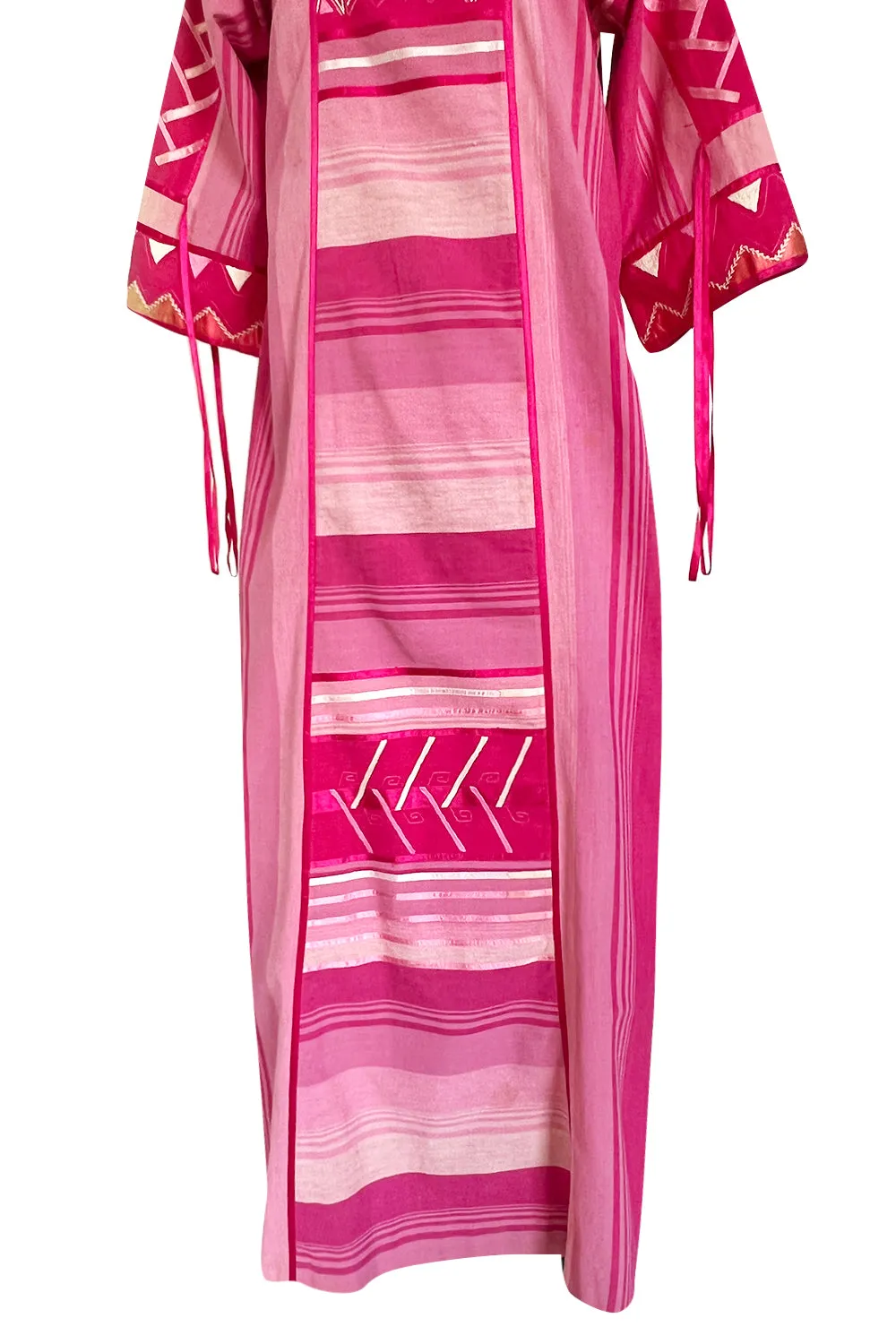 1960s Josefa Hand Made Mexico Pink Caftan Dress w Embroidery & Ribbon Details
