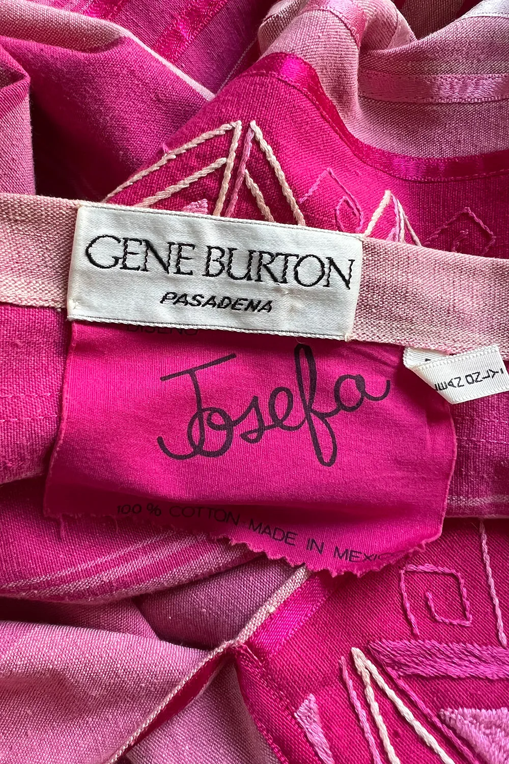 1960s Josefa Hand Made Mexico Pink Caftan Dress w Embroidery & Ribbon Details