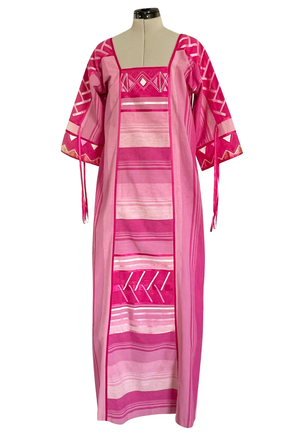 1960s Josefa Hand Made Mexico Pink Caftan Dress w Embroidery & Ribbon Details