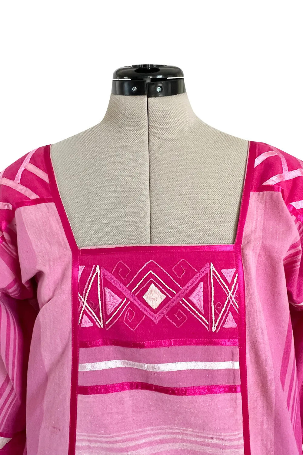 1960s Josefa Hand Made Mexico Pink Caftan Dress w Embroidery & Ribbon Details