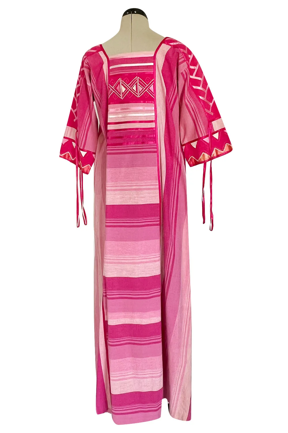 1960s Josefa Hand Made Mexico Pink Caftan Dress w Embroidery & Ribbon Details