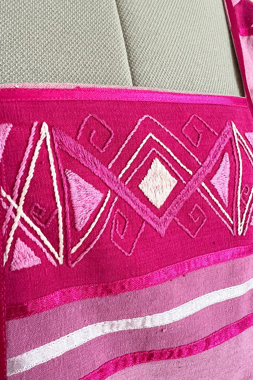 1960s Josefa Hand Made Mexico Pink Caftan Dress w Embroidery & Ribbon Details