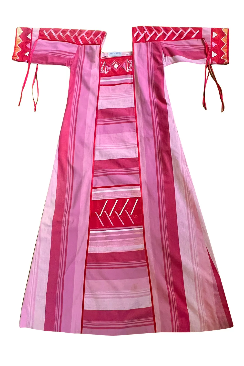 1960s Josefa Hand Made Mexico Pink Caftan Dress w Embroidery & Ribbon Details