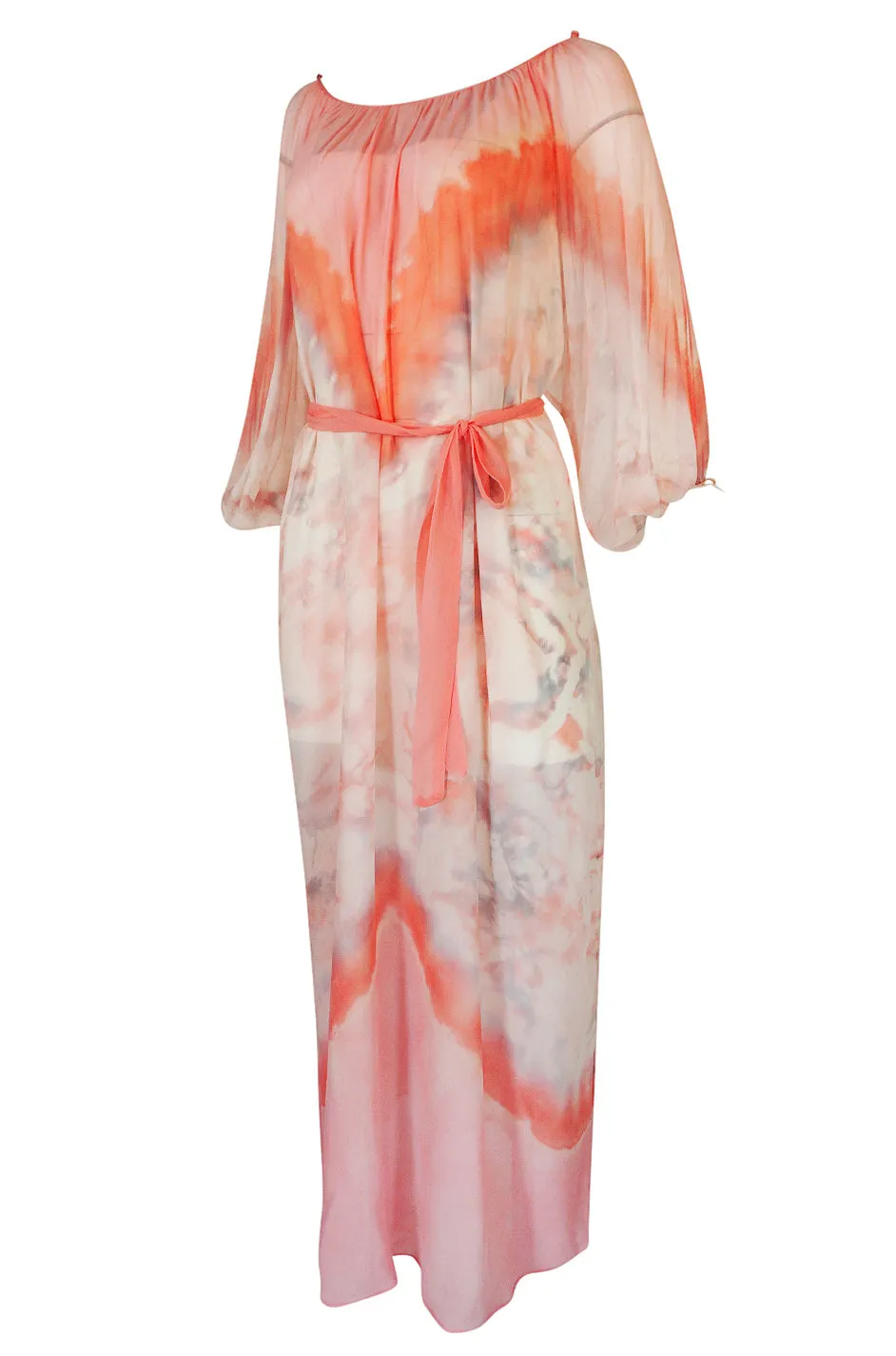 1970s Lillie Rubin Pink & Cream Tie Dye Silk Chiffon Dress