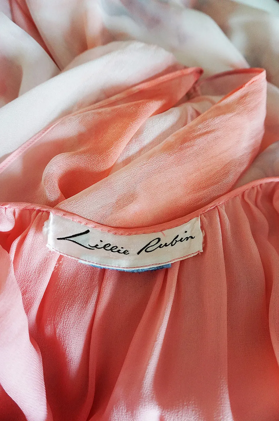 1970s Lillie Rubin Pink & Cream Tie Dye Silk Chiffon Dress