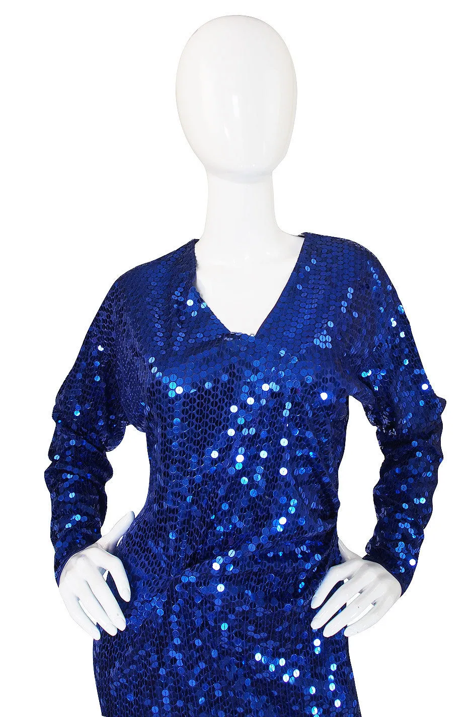 1980s Oleg Cassini Blue Sequin Dress
