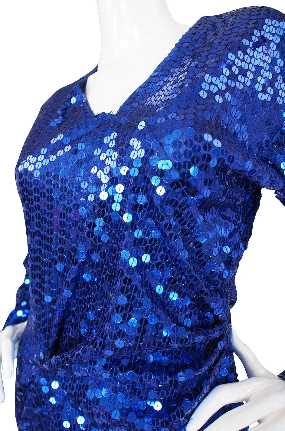 1980s Oleg Cassini Blue Sequin Dress