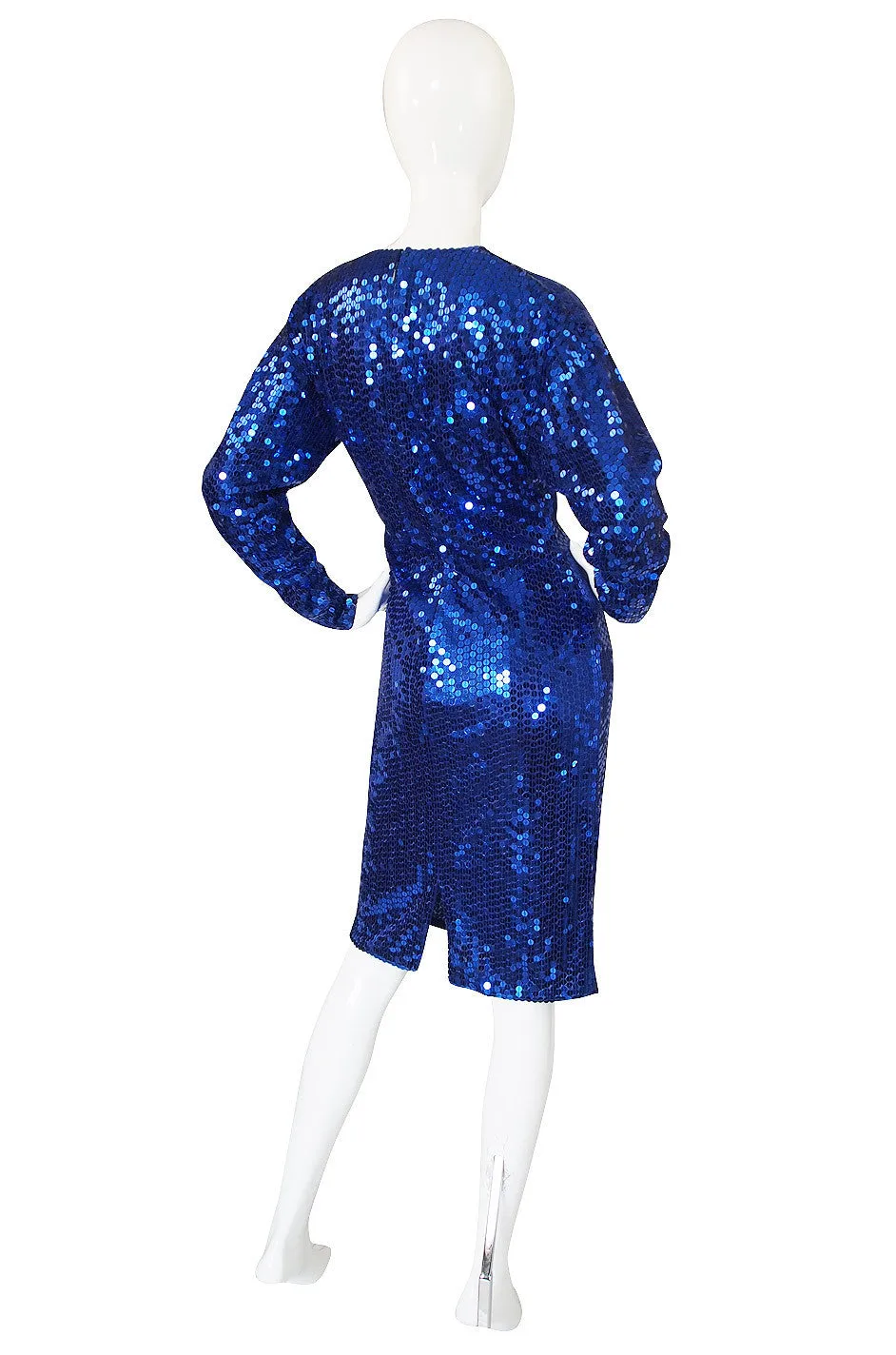 1980s Oleg Cassini Blue Sequin Dress