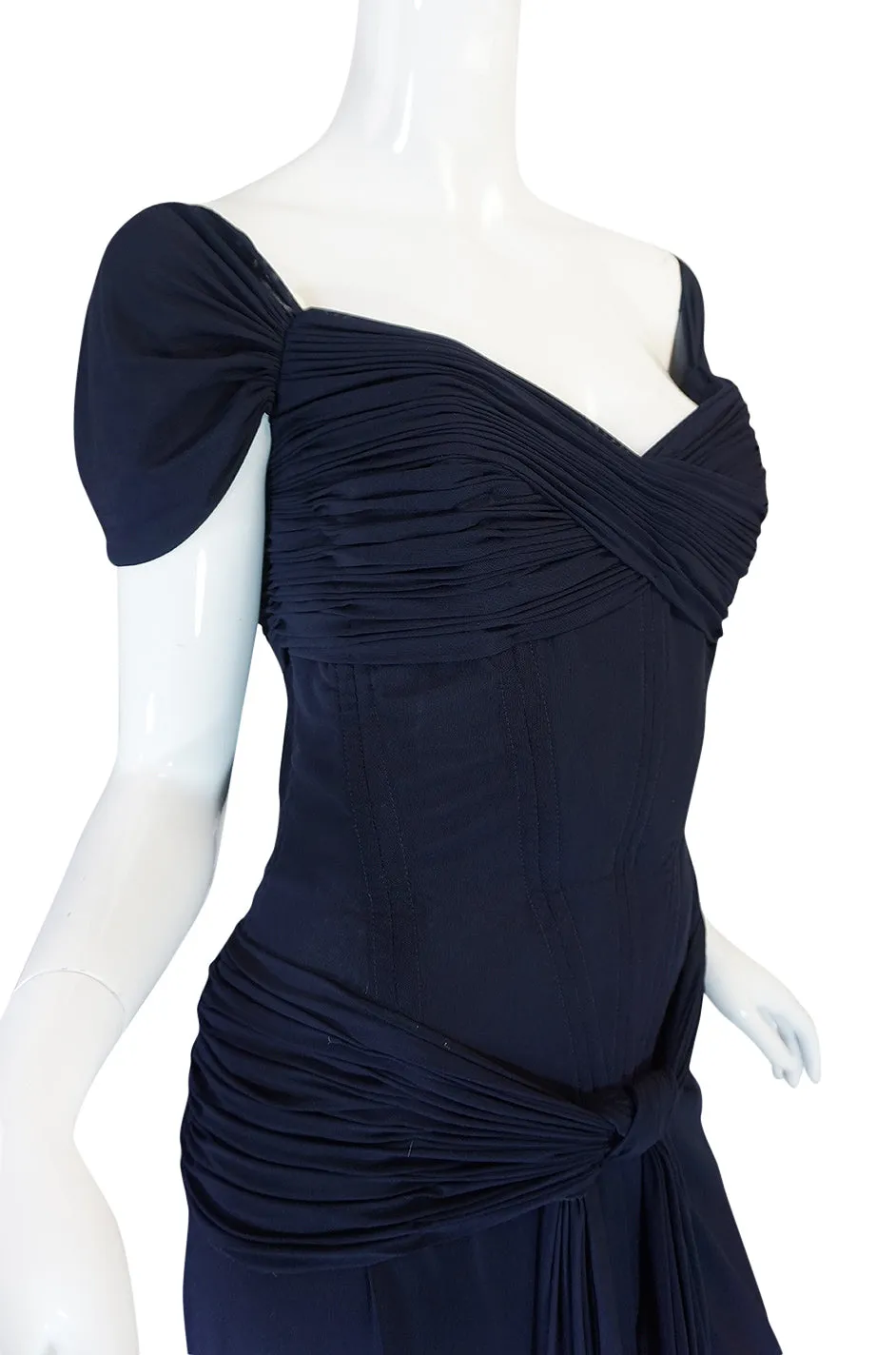 1980s Vicky Tiel Couture Fine Navy Net Draped Corset Dress