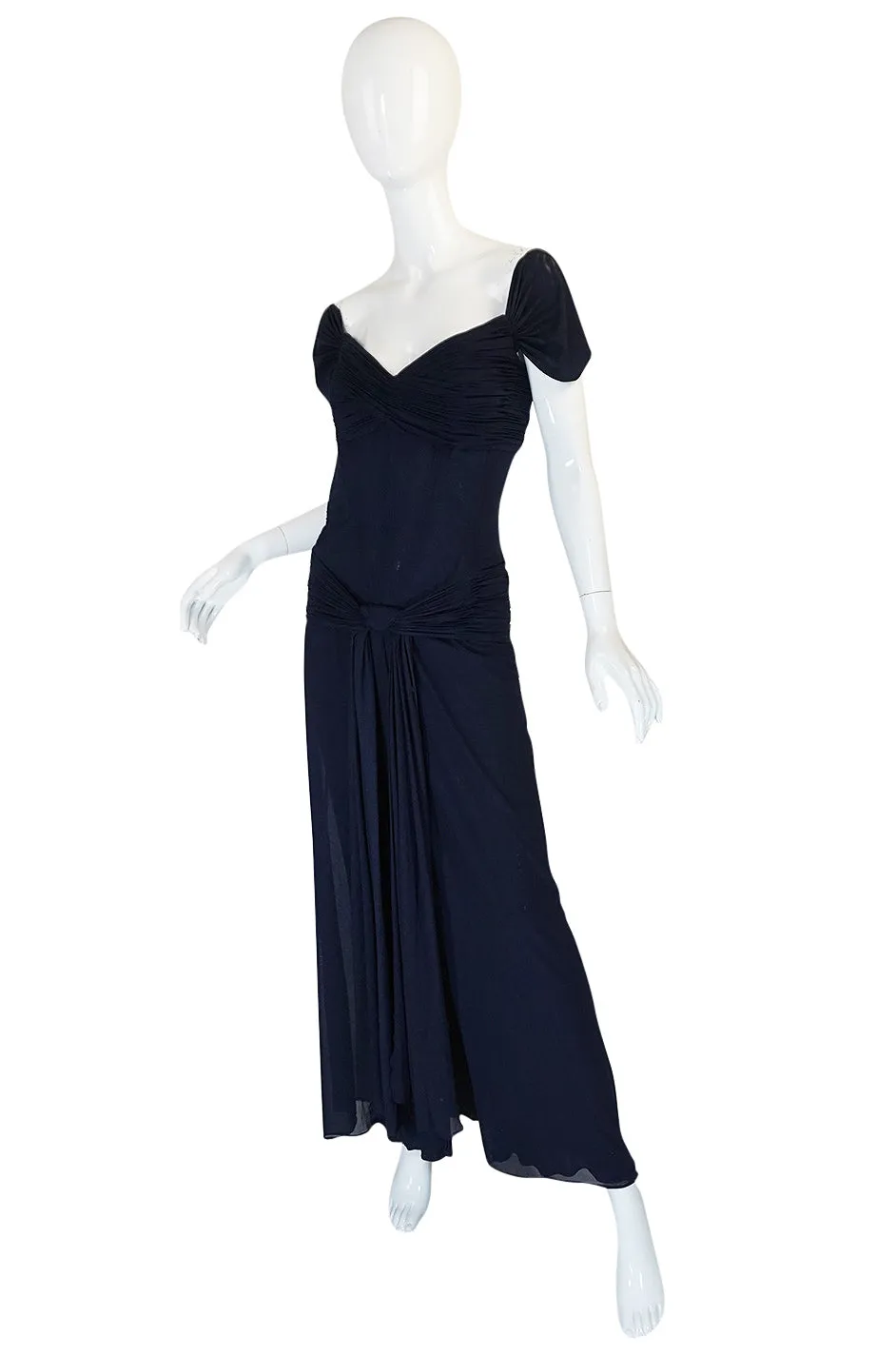 1980s Vicky Tiel Couture Fine Navy Net Draped Corset Dress