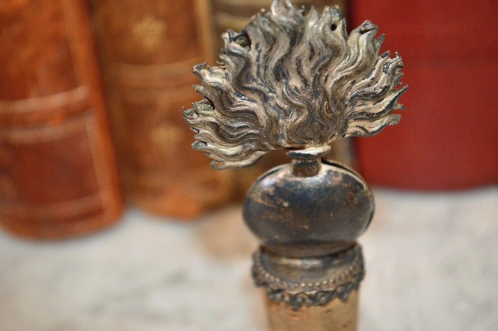 Antique English Silver Plated Flaming Grenade Bottle Cork Stopper
