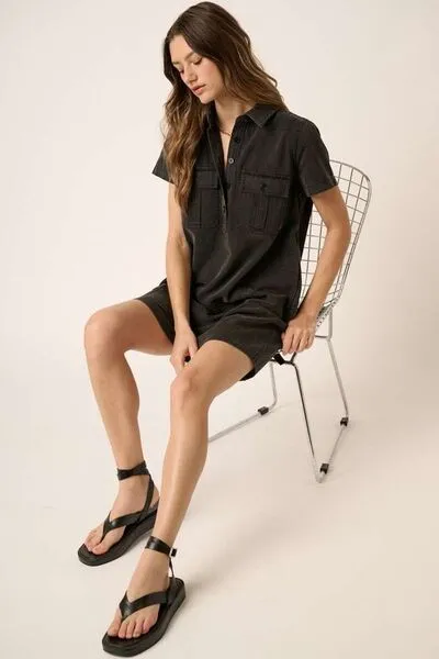 Black Button Detail Collared Neck Short Sleeve Shirt Dress