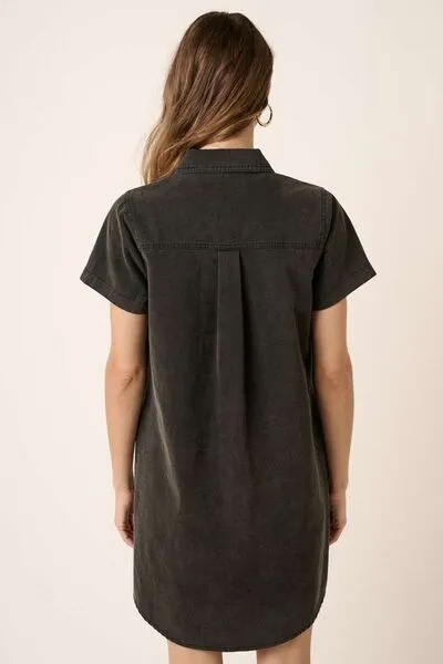 Black Button Detail Collared Neck Short Sleeve Shirt Dress