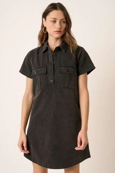Black Button Detail Collared Neck Short Sleeve Shirt Dress
