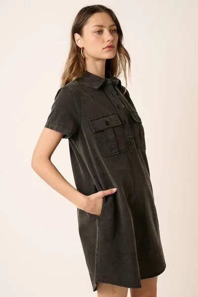 Black Button Detail Collared Neck Short Sleeve Shirt Dress