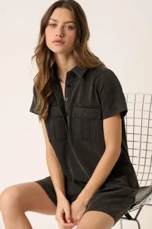 Black Button Detail Collared Neck Short Sleeve Shirt Dress
