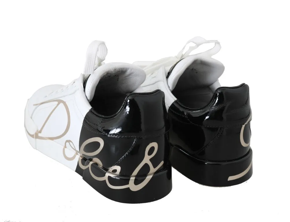 Black White Gold Logo Leather Women Sneakers