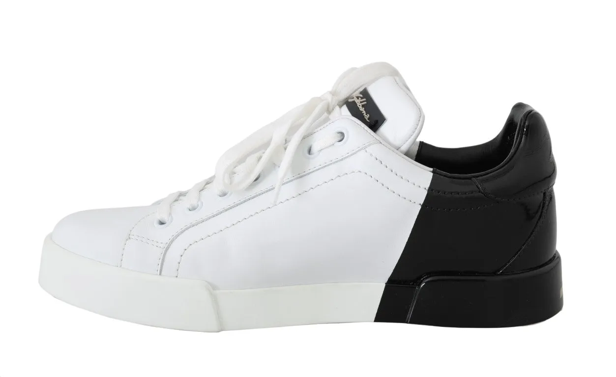 Black White Gold Logo Leather Women Sneakers