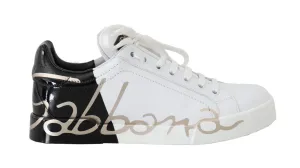 Black White Gold Logo Leather Women Sneakers