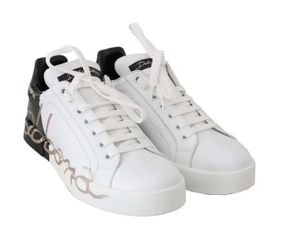 Black White Gold Logo Leather Women Sneakers