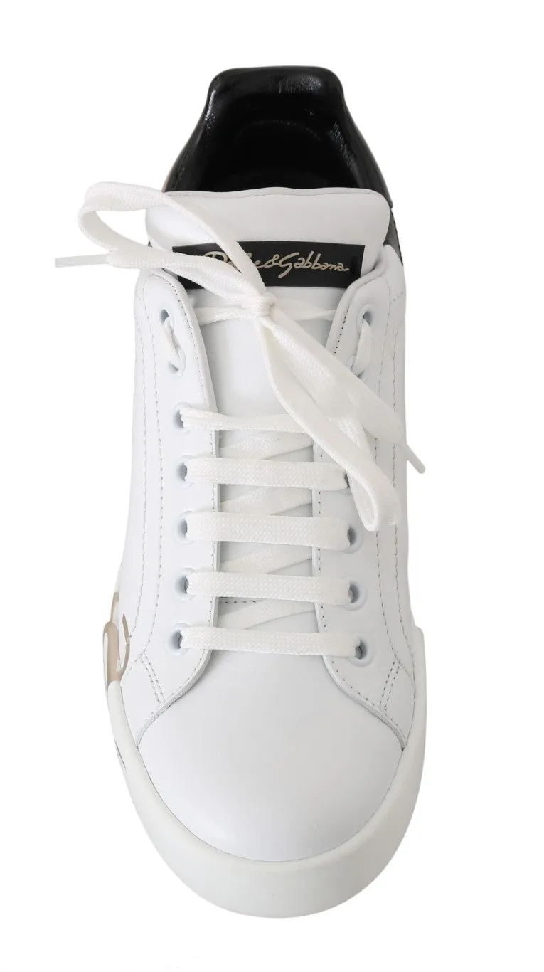 Black White Gold Logo Leather Women Sneakers