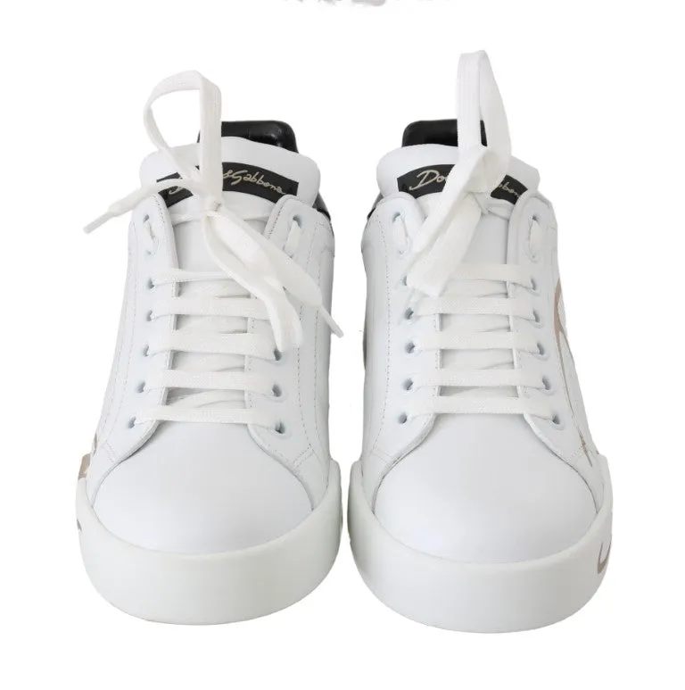 Black White Gold Logo Leather Women Sneakers