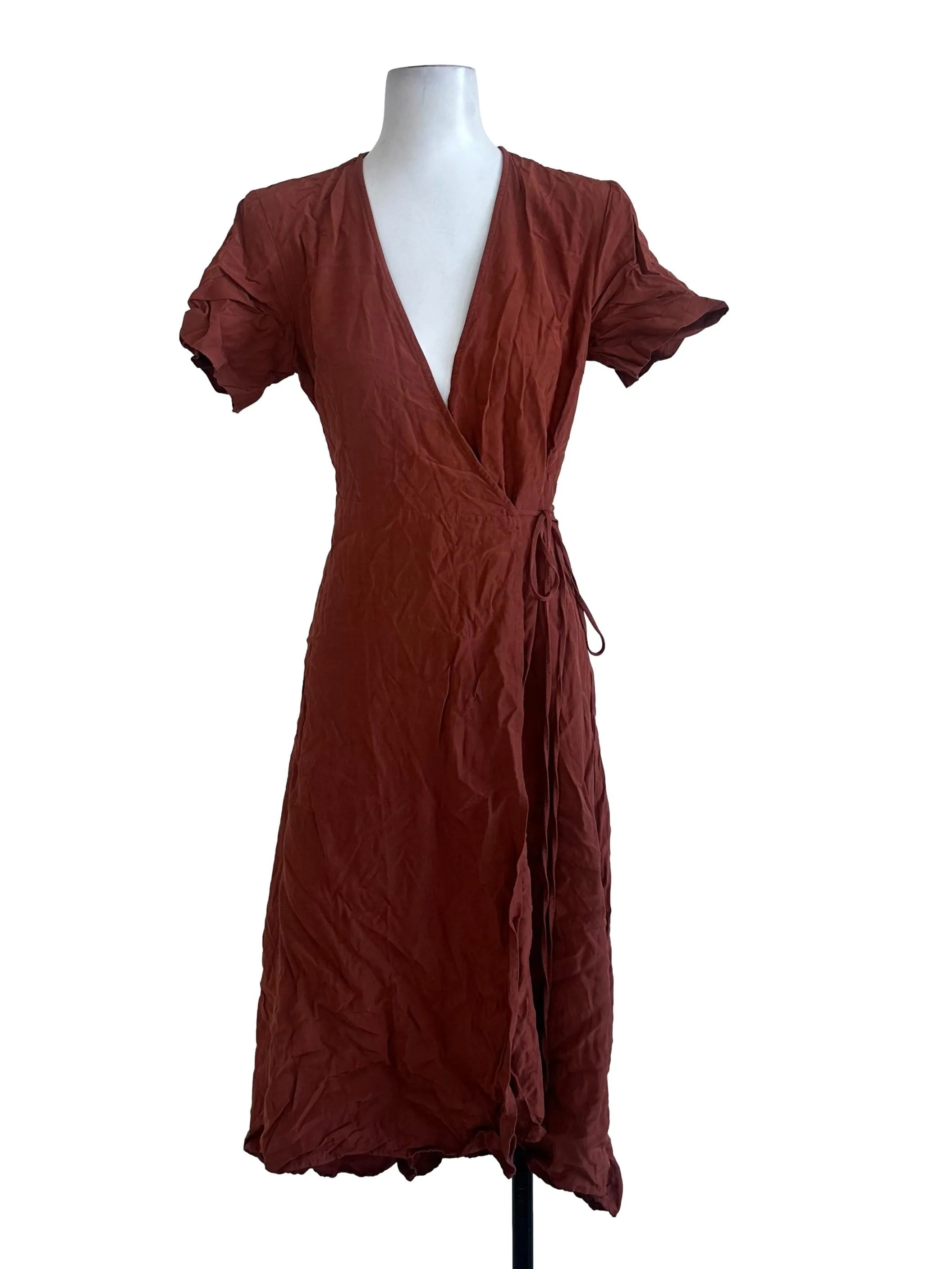 Brick Brown Plain Wrap Dress