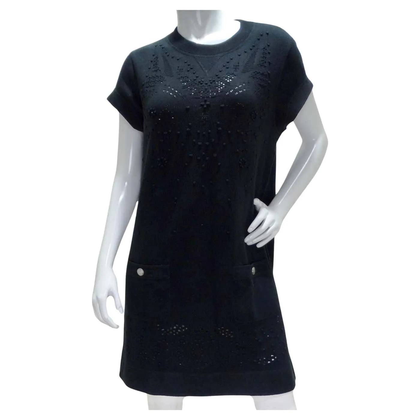 Chanel Black Perforated Knit Short Sleeve Dress
