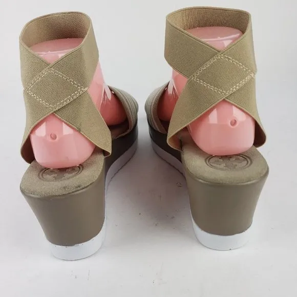 Charleston Shoe Co. Stripe Palm Wedge Sandal in Tan and White Size 10