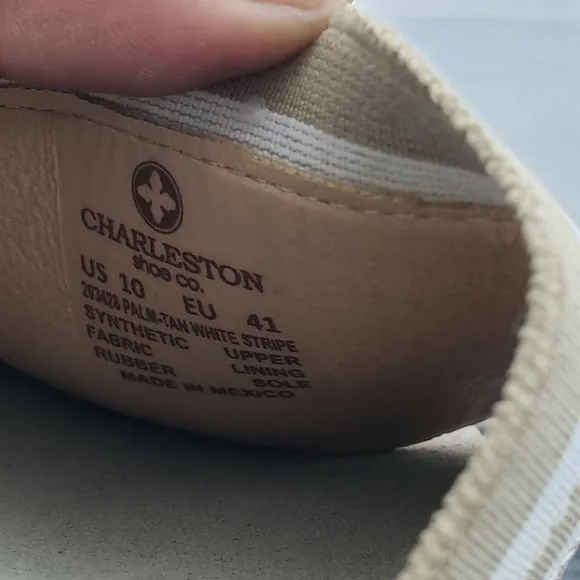 Charleston Shoe Co. Stripe Palm Wedge Sandal in Tan and White Size 10