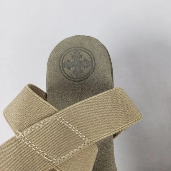 Charleston Shoe Co. Stripe Palm Wedge Sandal in Tan and White Size 10