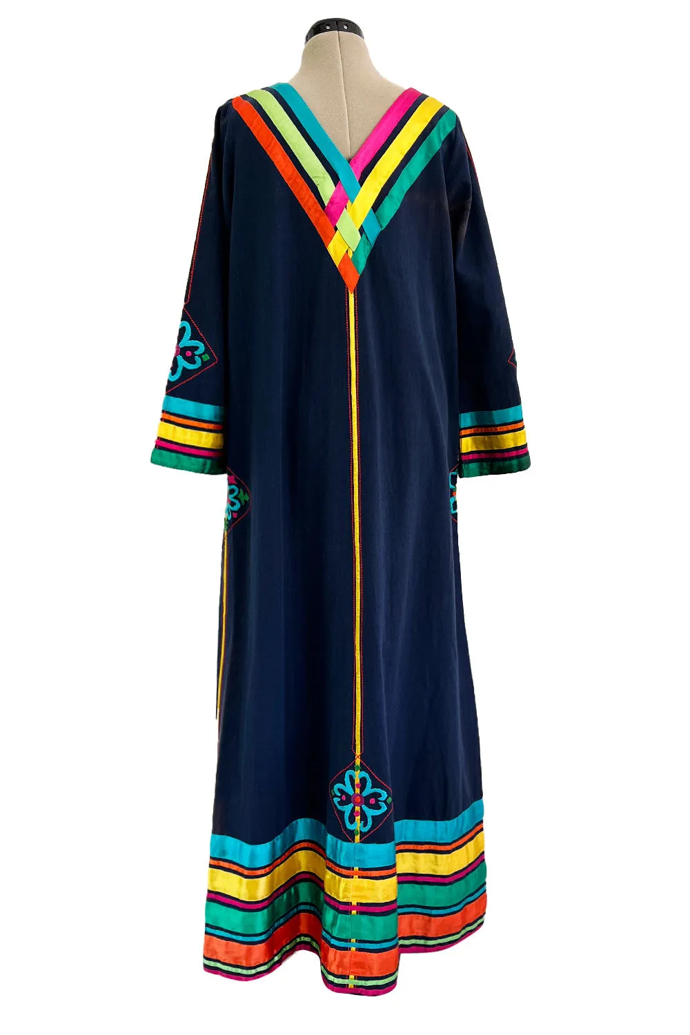Colourful 1960s Josefa Deep Blue Cotton Caftan Dress w Multi Coloured Ribbns & Hand Embroidery