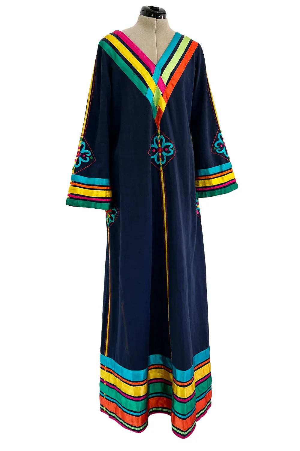Colourful 1960s Josefa Deep Blue Cotton Caftan Dress w Multi Coloured Ribbns & Hand Embroidery