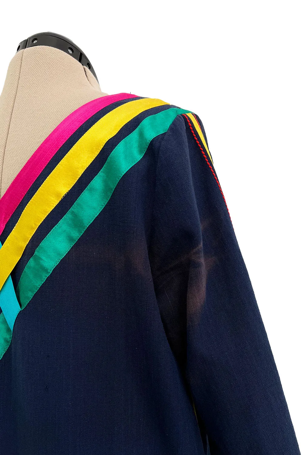 Colourful 1960s Josefa Deep Blue Cotton Caftan Dress w Multi Coloured Ribbns & Hand Embroidery