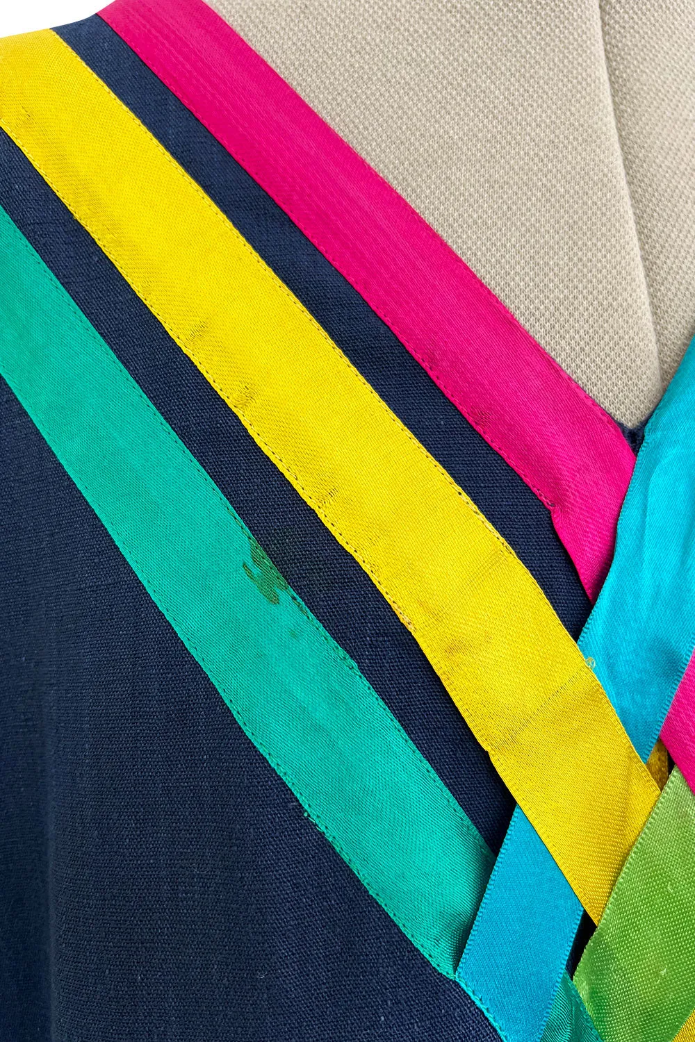 Colourful 1960s Josefa Deep Blue Cotton Caftan Dress w Multi Coloured Ribbns & Hand Embroidery