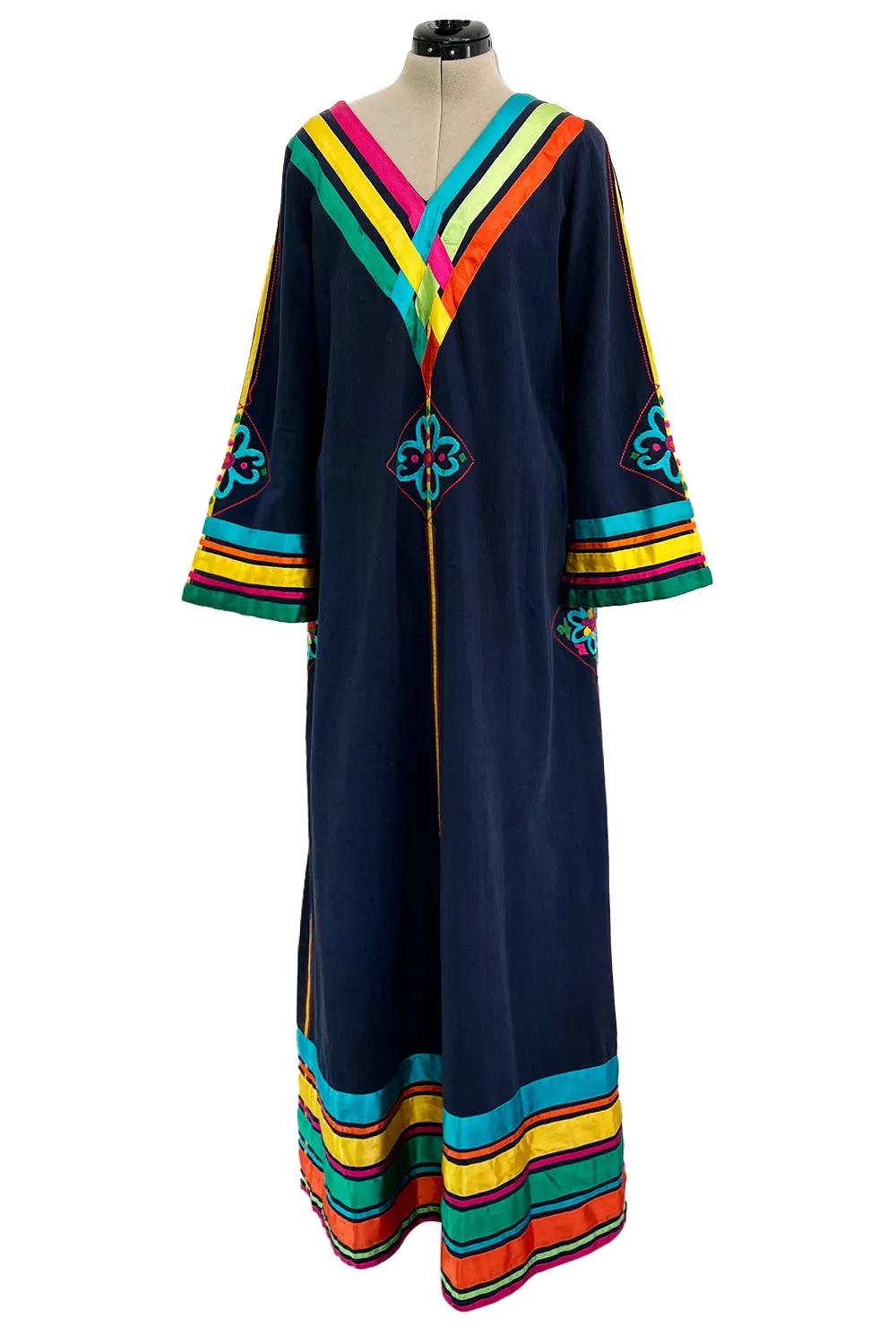 Colourful 1960s Josefa Deep Blue Cotton Caftan Dress w Multi Coloured Ribbns & Hand Embroidery