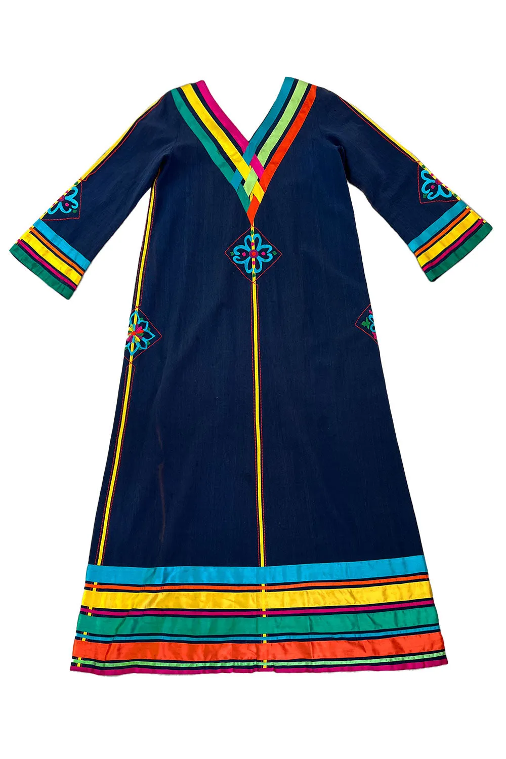 Colourful 1960s Josefa Deep Blue Cotton Caftan Dress w Multi Coloured Ribbns & Hand Embroidery