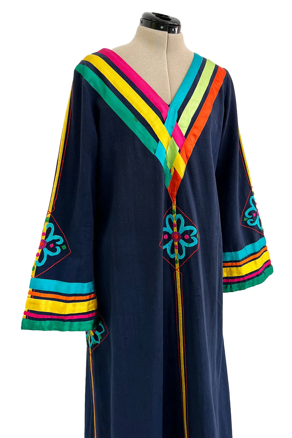 Colourful 1960s Josefa Deep Blue Cotton Caftan Dress w Multi Coloured Ribbns & Hand Embroidery