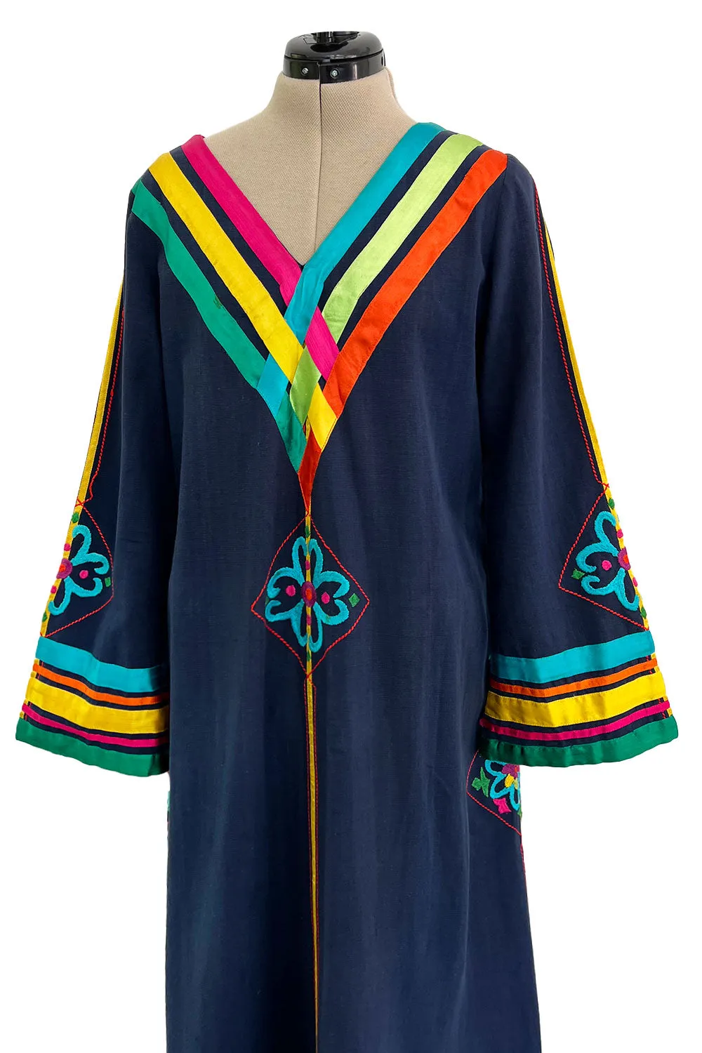 Colourful 1960s Josefa Deep Blue Cotton Caftan Dress w Multi Coloured Ribbns & Hand Embroidery