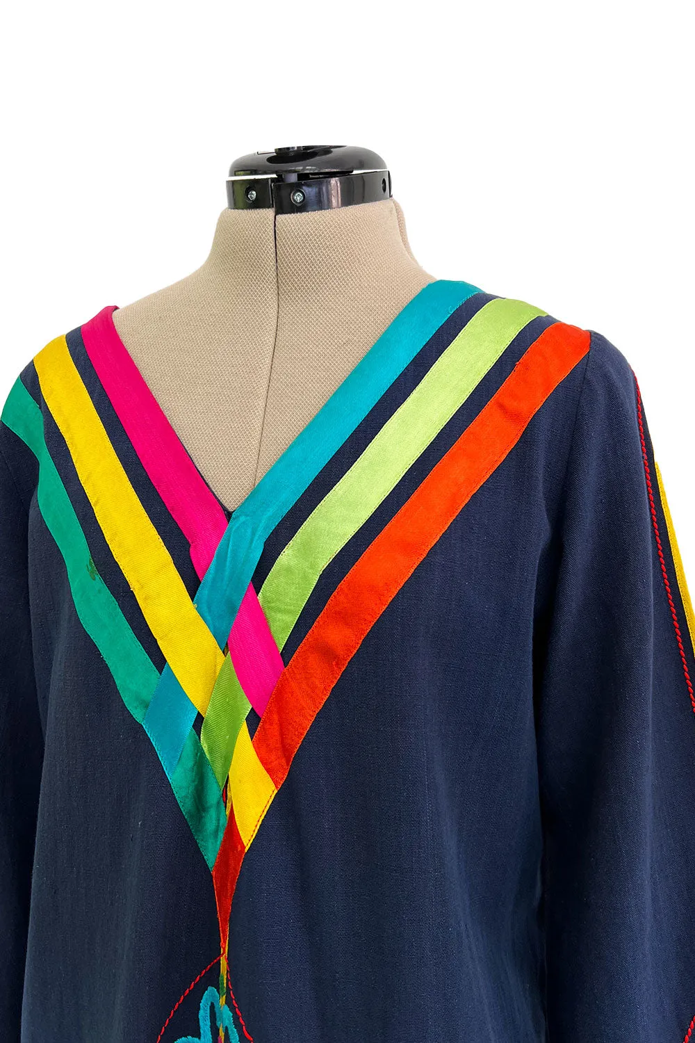 Colourful 1960s Josefa Deep Blue Cotton Caftan Dress w Multi Coloured Ribbns & Hand Embroidery