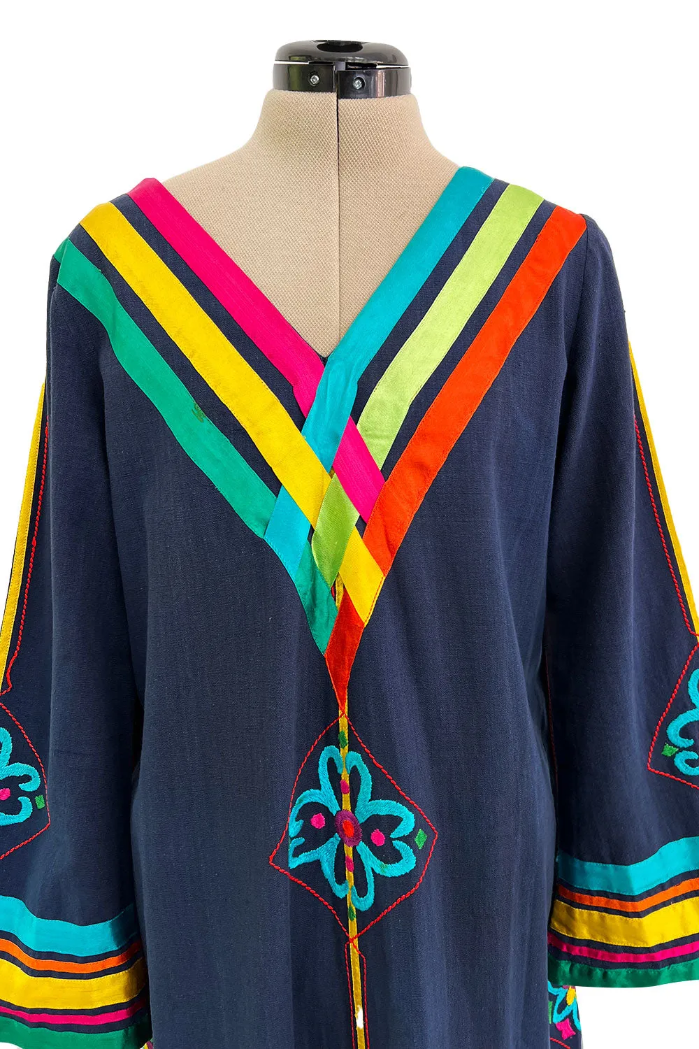 Colourful 1960s Josefa Deep Blue Cotton Caftan Dress w Multi Coloured Ribbns & Hand Embroidery