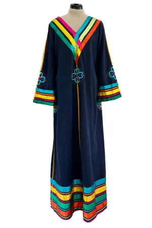Colourful 1960s Josefa Deep Blue Cotton Caftan Dress w Multi Coloured Ribbns & Hand Embroidery