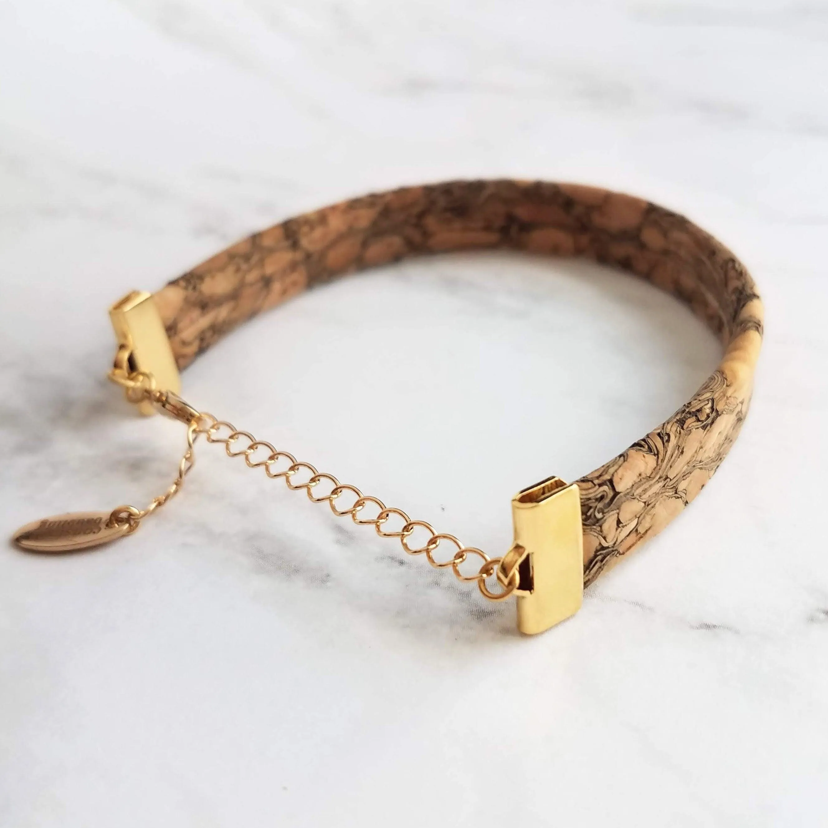 Cork Bracelet - wood cuff & gold adjustable chain, wood bangle, cork bangle, cork bracelet, woof cuff, cork cuff, wide bracelet, marbled