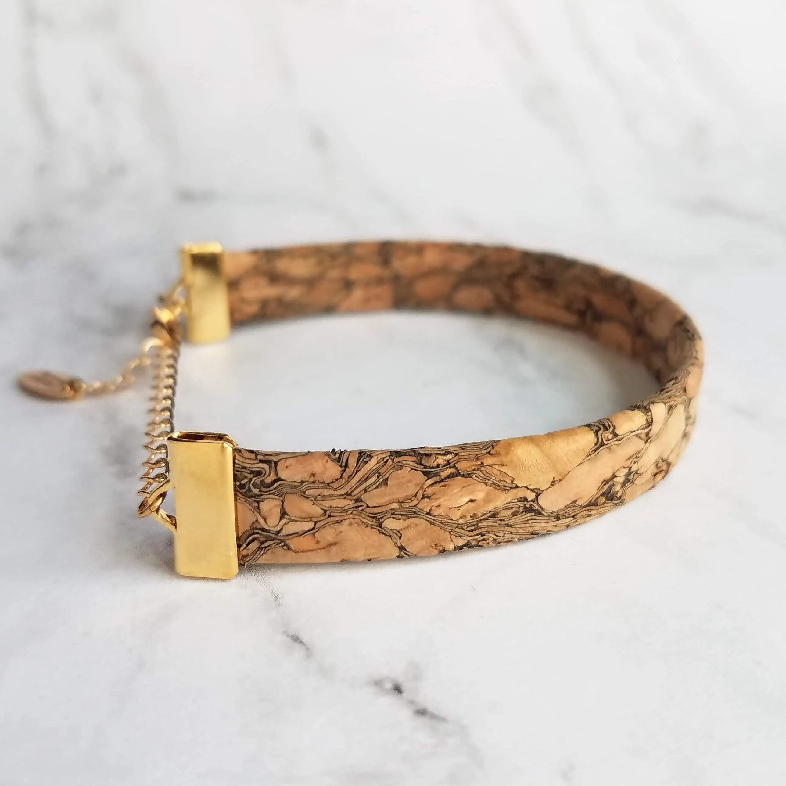 Cork Bracelet - wood cuff & gold adjustable chain, wood bangle, cork bangle, cork bracelet, woof cuff, cork cuff, wide bracelet, marbled