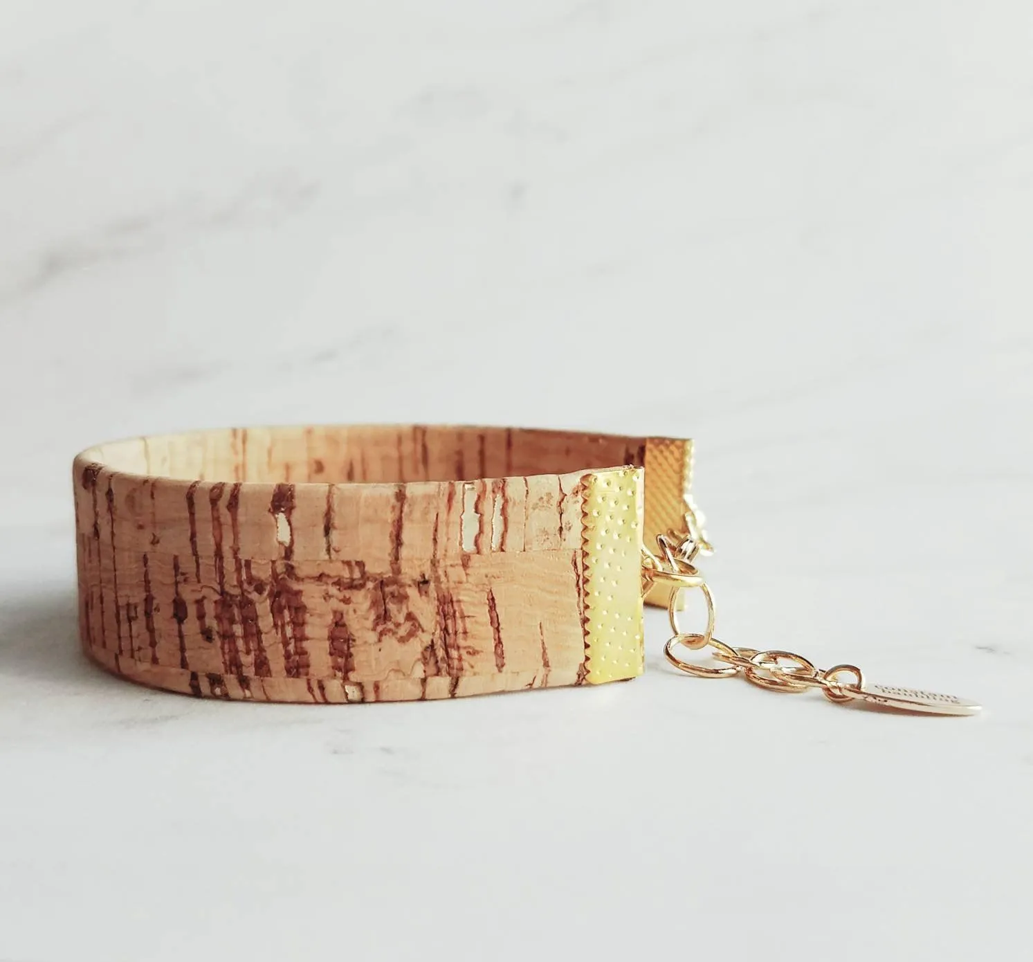 Cork Bracelet - wood cuff & gold adjustable chain, wood bangle, cork bangle, cork bracelet, woof cuff, cork cuff, wide bracelet, marbled