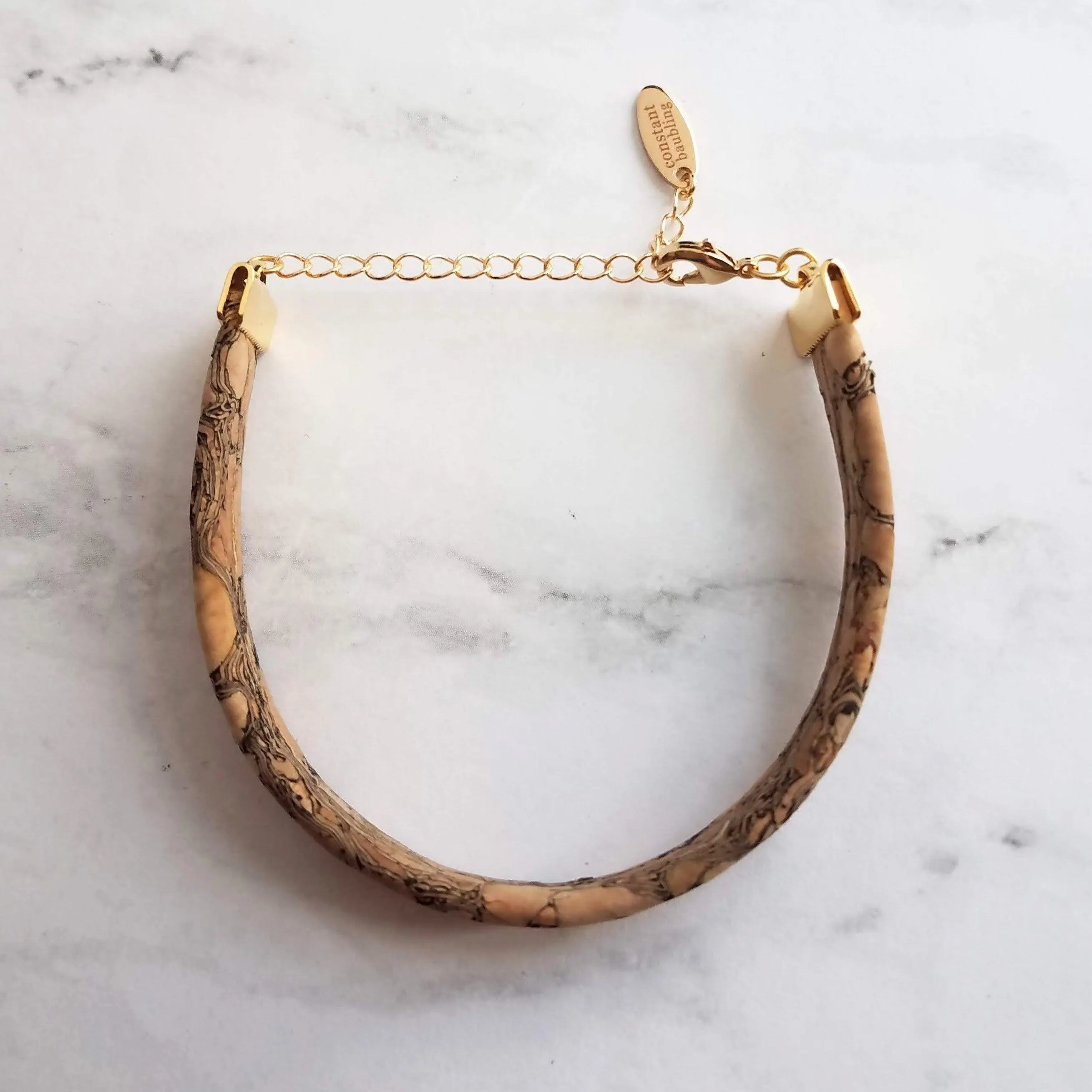 Cork Bracelet - wood cuff & gold adjustable chain, wood bangle, cork bangle, cork bracelet, woof cuff, cork cuff, wide bracelet, marbled