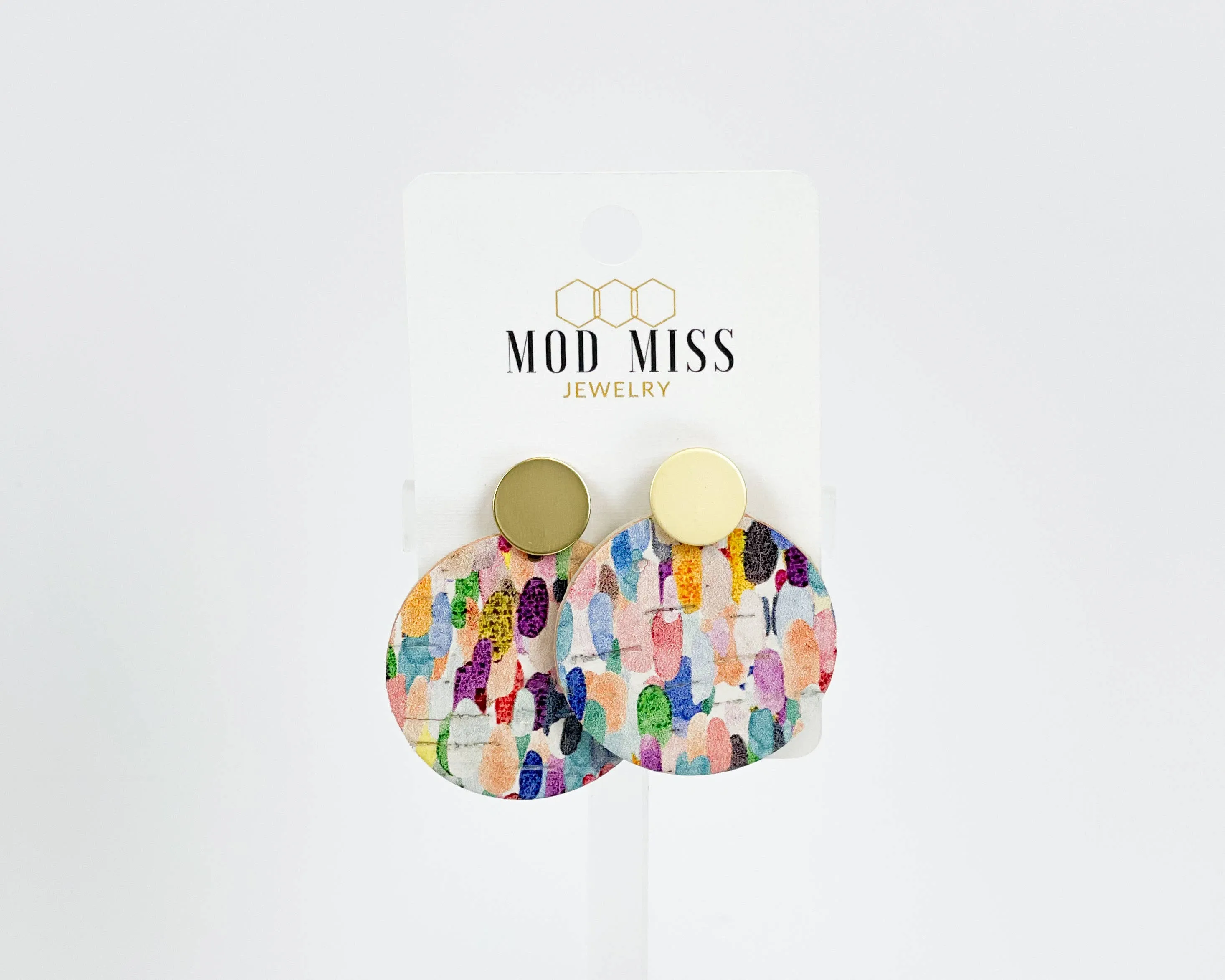 Cork Leather Round Earring "Confetti Rainbow''